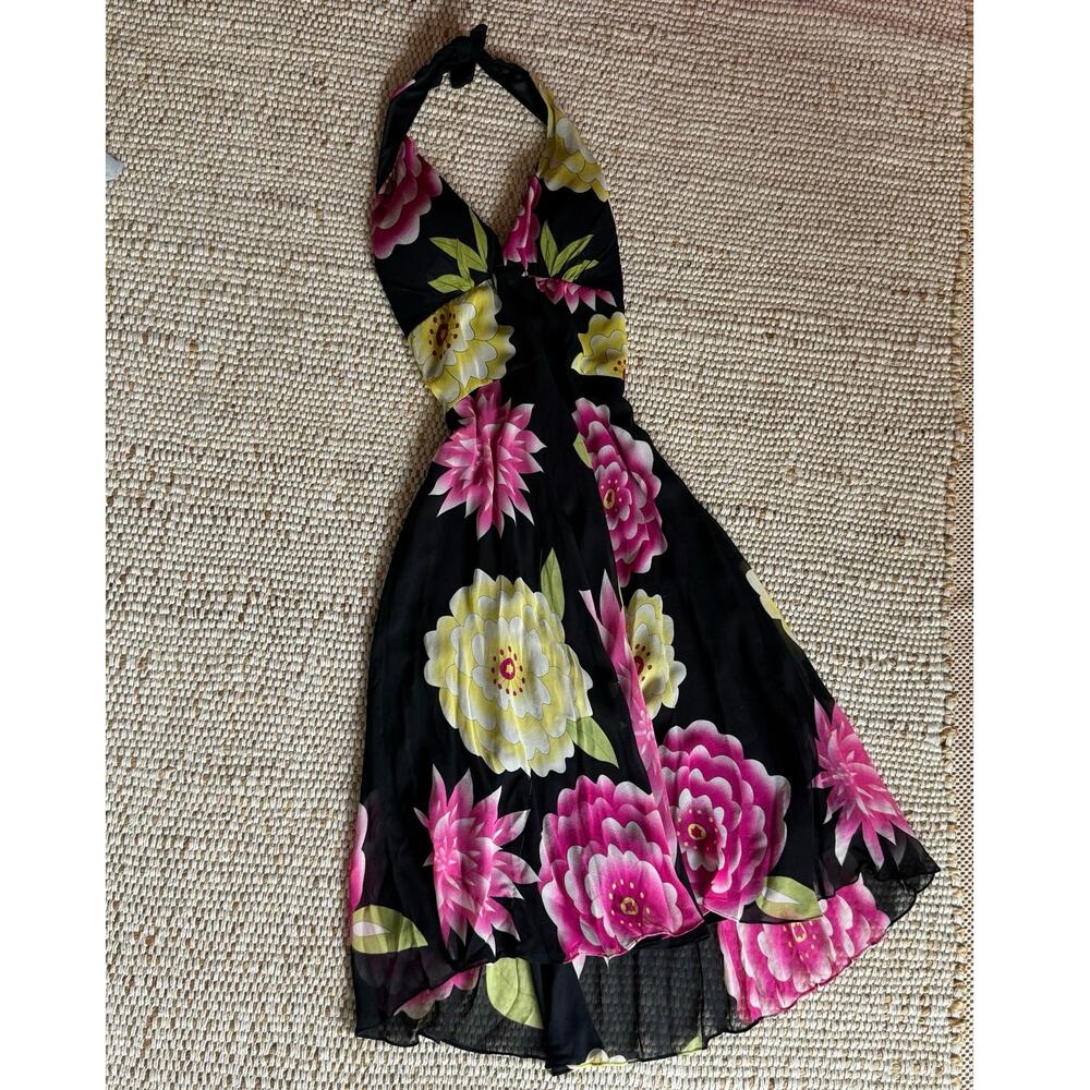 VTG Y2K Sue Wong 100% Silk Floral Halter Midi Dress Lace Up Whimsigoth Fairy